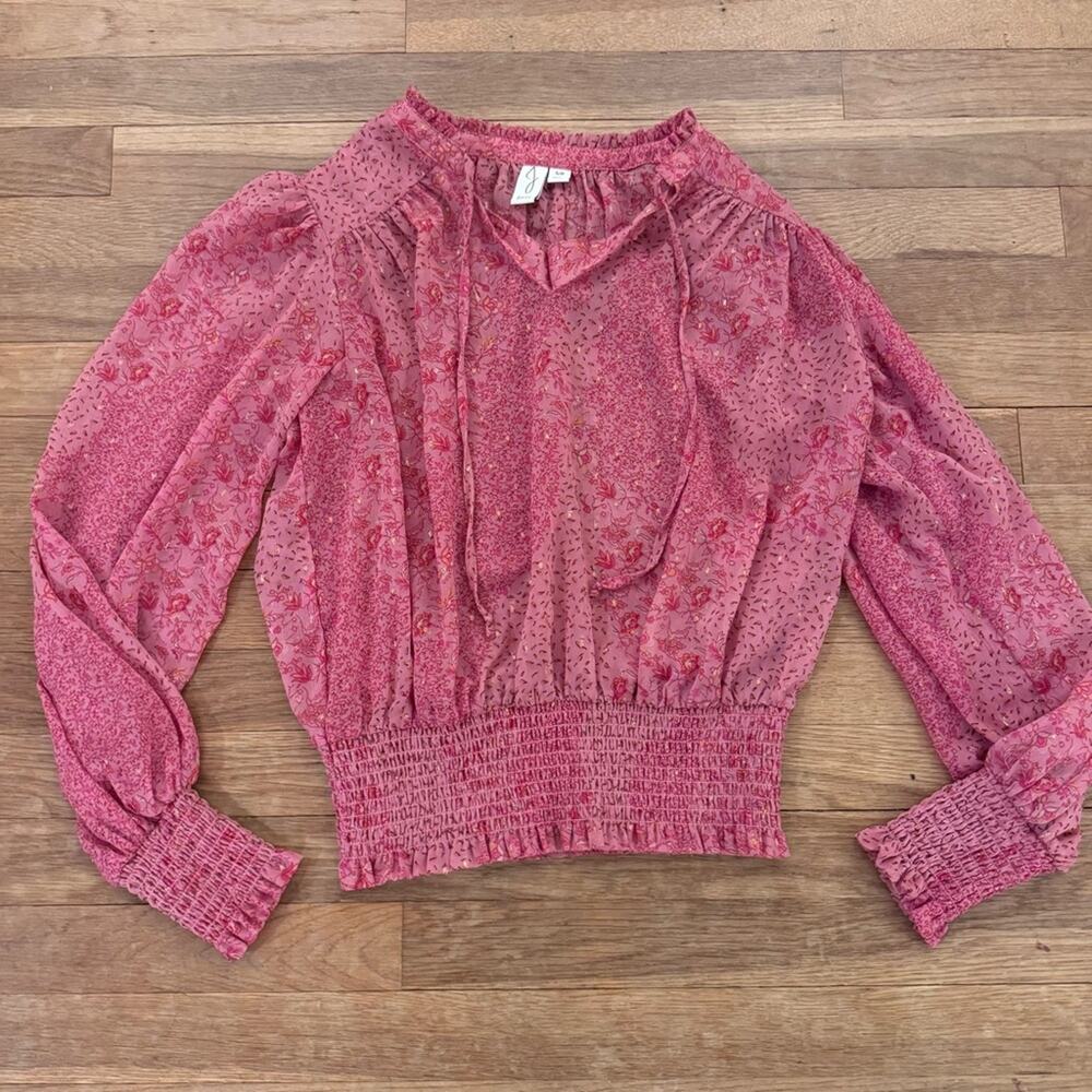 Joie pink orange tie neck elastic hymn floral flower blouse shirt top sz SP
b76